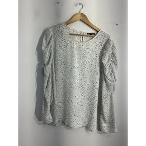 womans adrianna papell Blouse XL White Black Polka Dots Long Sleeve Crew Neck